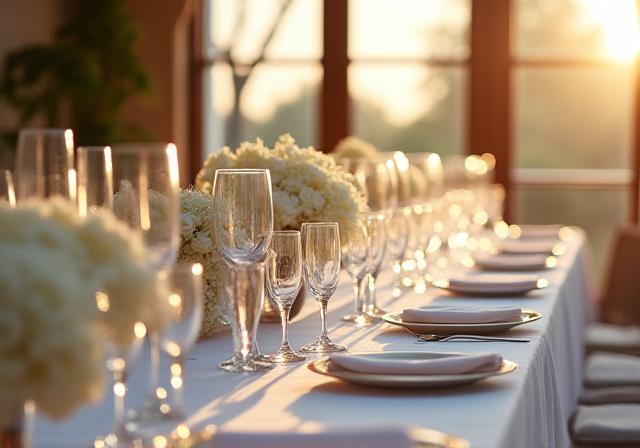 Elegant gedeckter Hochzeitstisch mit Blumenarrangements und feinem Geschirr